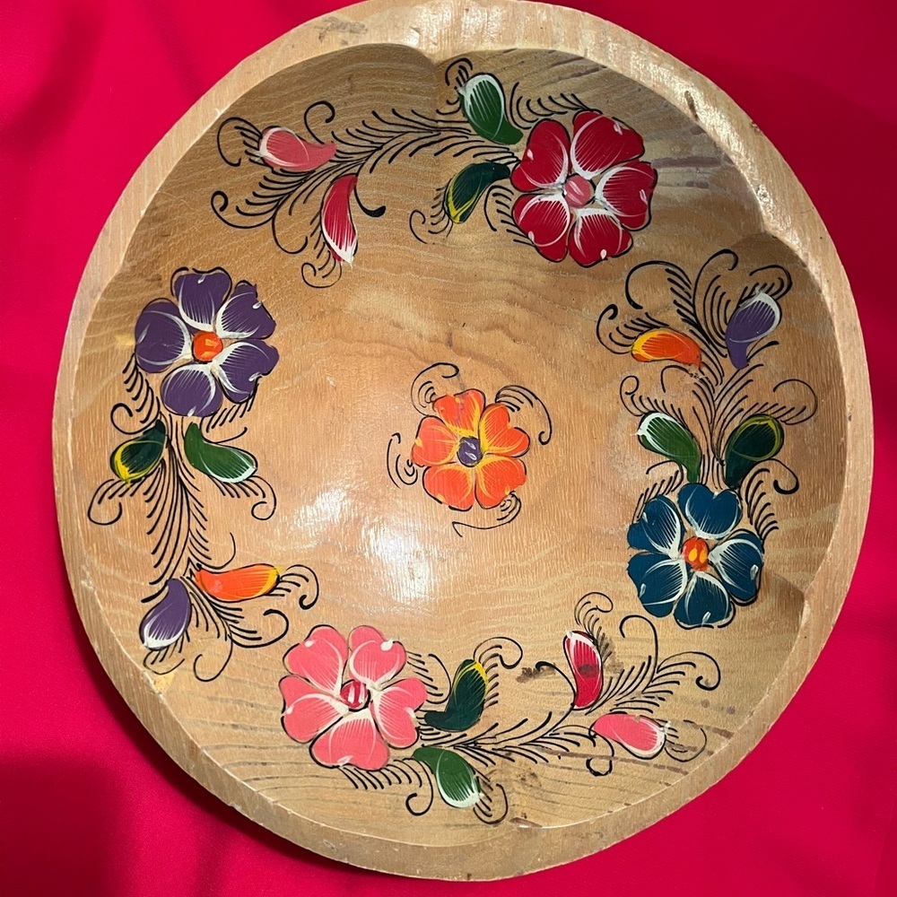 Vintage Hand-Painted Floral Wooden Bowl